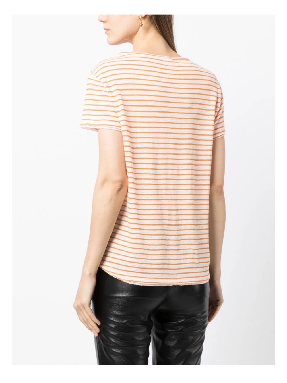 $248 FRAME Easy True Stripe 100% Organic Linen T-Shirt Tee Nectarine Multi S - Picture 3 of 9